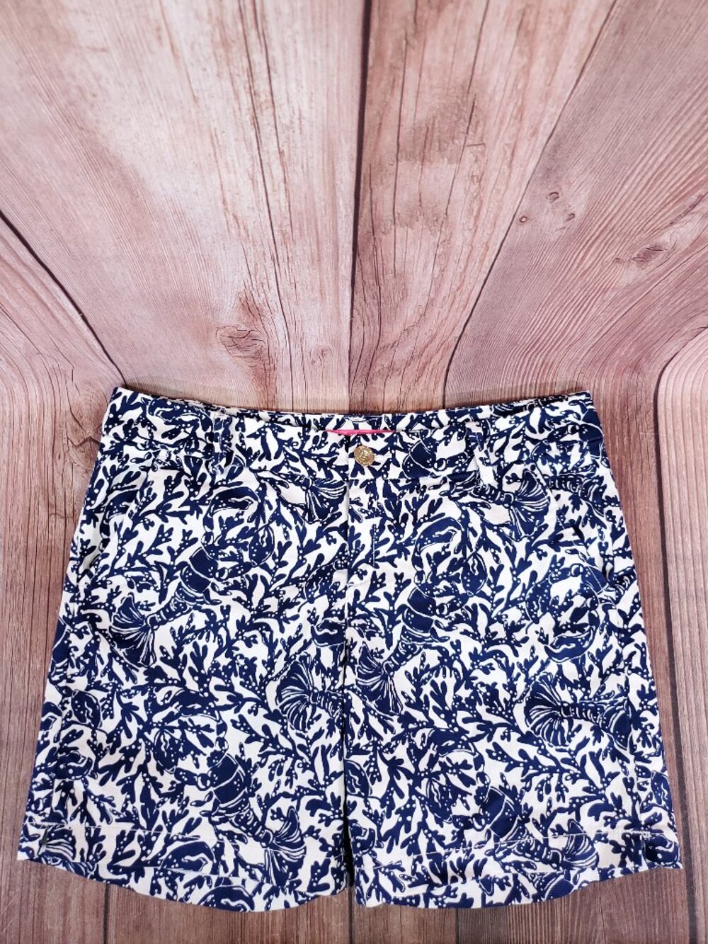 Lilly Pulitzer Jayne Stretch Shorts Size 10 Krillin It Lobster Coral Navy Blue